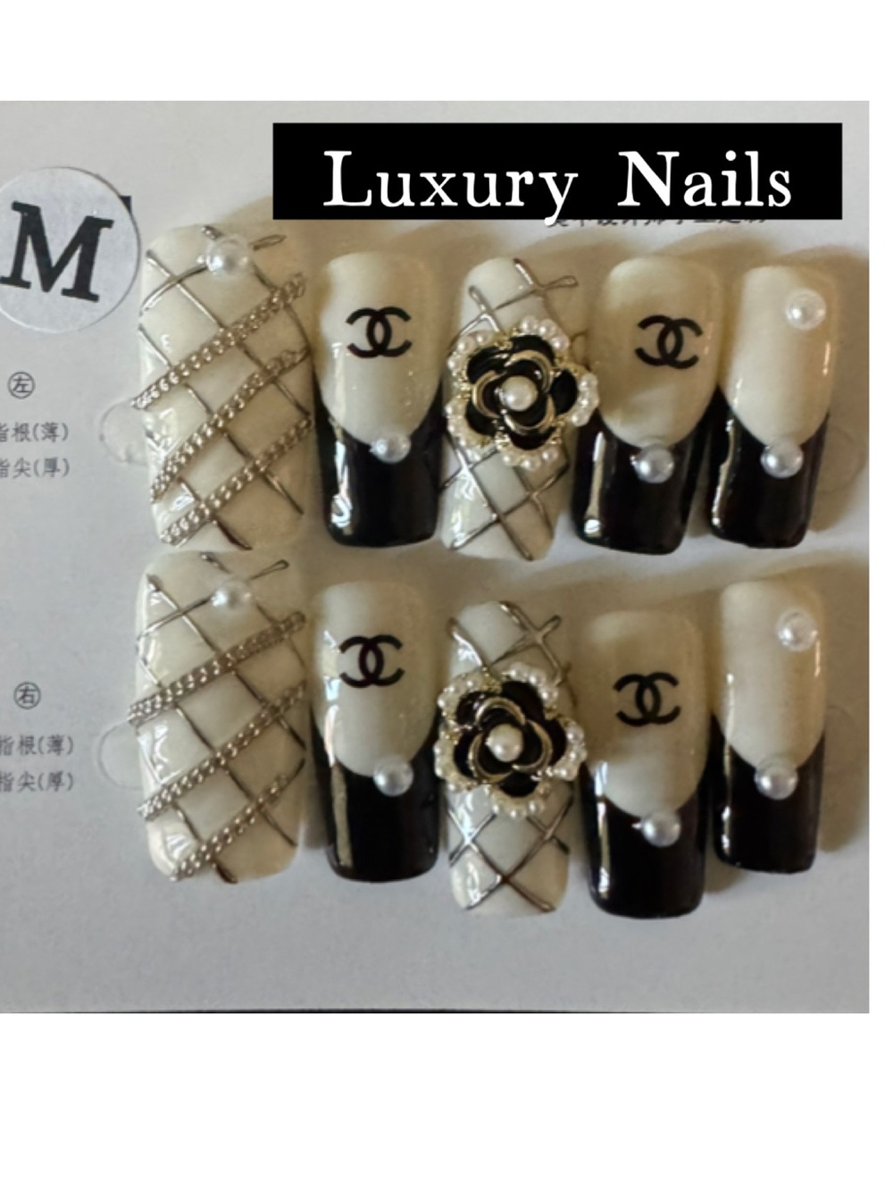 Inspired Black & Beige Camellia Press-On Nails - Luxury Set